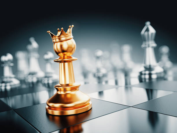 istock Golden chess pawnwith crown on chess board game. Success strategy startup busines concept. 3d rendering 1454764737