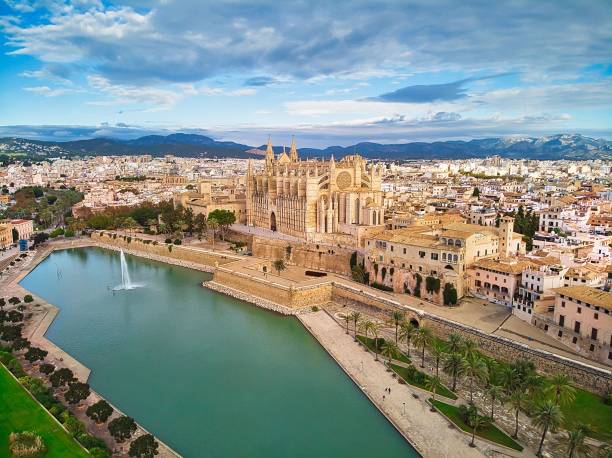 vista aerea della cattedrale di palma di maiorca e di altri edifici a maiorca, spagna - majorca foto e immagini stock