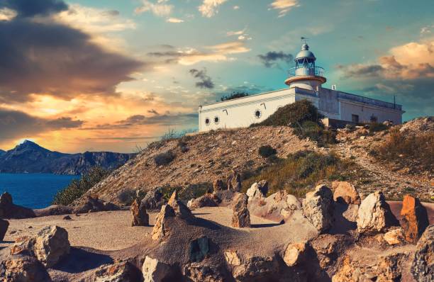 istock Lighthouse El Hoyo in Portman village viewed during sunset cloudy sky 1454767549