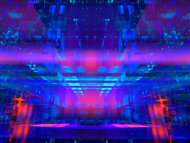istock Blue and purple background with perspective effect in cyberpunk style 1454769853