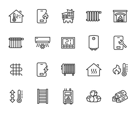istock Vector set of house heating line icons. Contains icons boiler, heat supply, radiator, heater, underfloor heating, heated towel rail, solid fuel boiler, firewood, coal and more. Pixel perfect. 1454770246