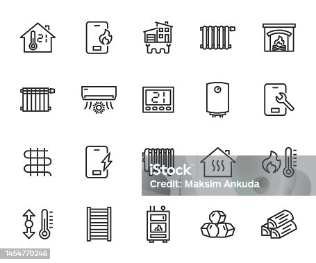 istock Vector set of house heating line icons. Contains icons boiler, heat supply, radiator, heater, underfloor heating, heated towel rail, solid fuel boiler, firewood, coal and more. Pixel perfect. 1454770246