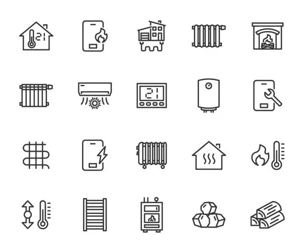 Vector illustration of Vector set of house heating line icons. Contains icons boiler, heat supply, radiator, heater, underfloor heating, heated towel rail, solid fuel boiler, firewood, coal and more. Pixel perfect.