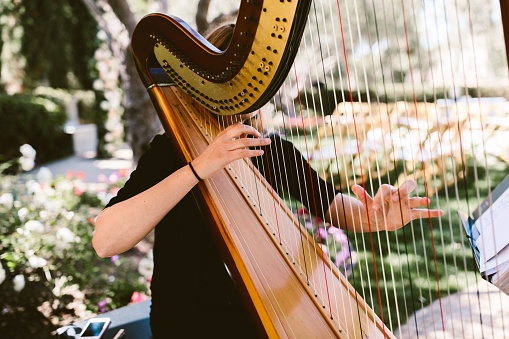 Woman playing a harp outdoors