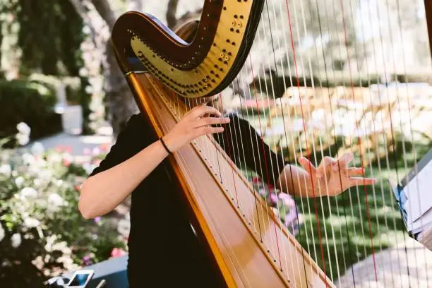A woman playing a harp outdoors