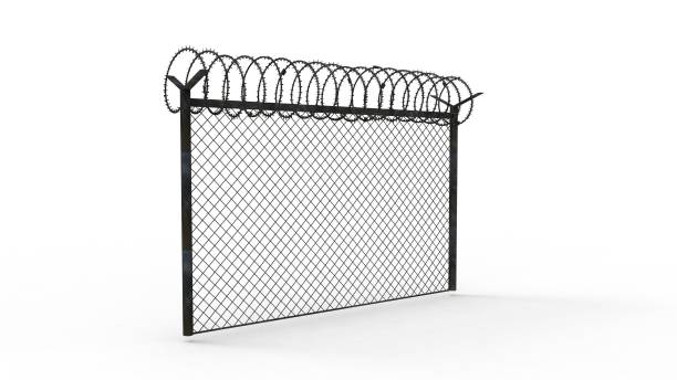 istock 3D rendering illustration of a fence with barbed wire isolated on a white studio background 1454771573