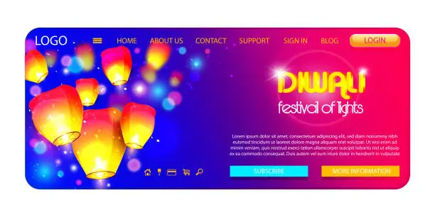 Vector illustration of Diwali holiday concept in realistic style. Fiery bright paper lanterns against the background of the night sky with space for text. Festive website template or webpage of Deepavali or Diwali festival of light.