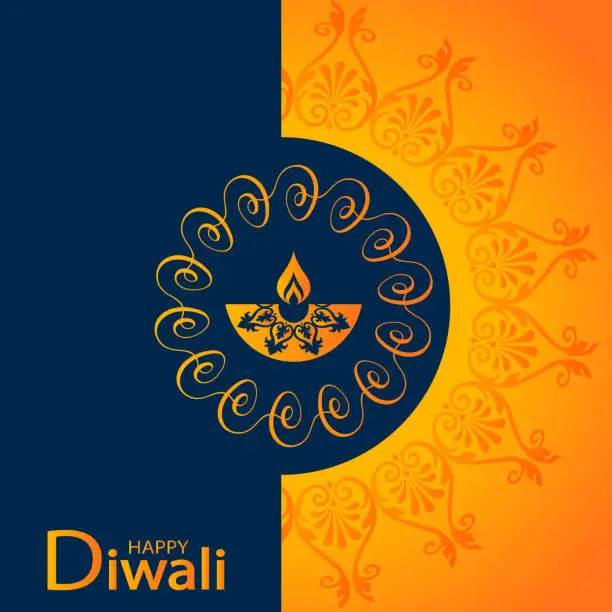 Vector illustration of Deepavali and Diwali light festival concept in flat style. Oil lamps with Indian patterns of the Hindu religion with a burning candle wick and rangoli decoration on a colored background with an ornament. Festive set or Diwali.