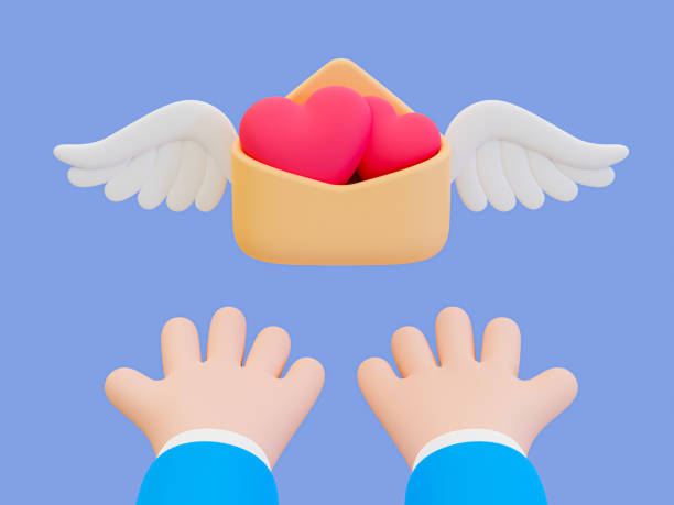 istock 3d minimal love message. Happy Valentine's day. valentine compositions. romantic envelope. cartoon hand receives a love letter with a wing. 3d illustration. 1454772621