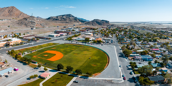 Professional baseball grand arena in the sunlight. Aerial view.
