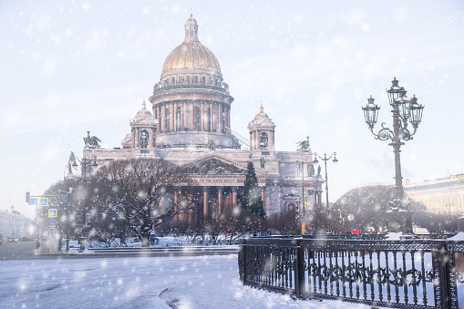 Winter in St. Petersburg. View of St. Isaac's Cathedral in the snow