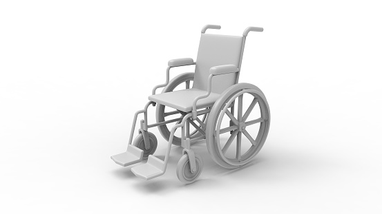 The 3d rendering of a wheelchair model isolated on white background.