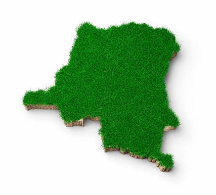 A 3D illustration of the map of Congo with green grass and rock isolated on a white background