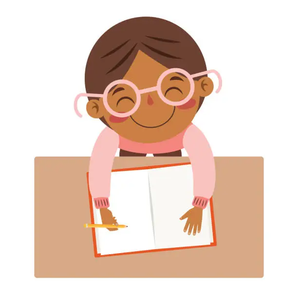Vector illustration of Top View Of Kid Writing On Desk