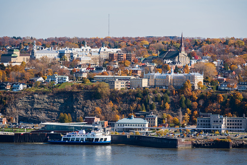 Levis city autumn landscape view. Fall foliage season in Quebec, Canada.