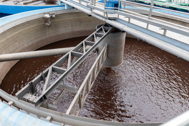 waste water treatment ponds from industrial plants - sewage pond imagens e fotografias de stock