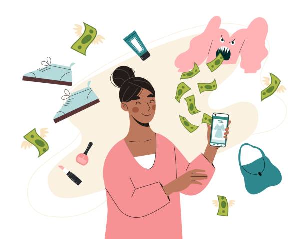 Spends too much money Spends too much money. Young girl with smartphone in hand on background of falling banknotes. Woman shopping for goods online. Electronic transfers and transactions. Cartoon flat vector illustration spending money stock illustrations