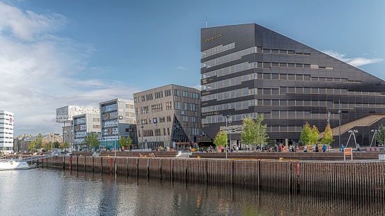 The Snohetta Powerhouse modern office block with solar panels in Trondheim, Norway