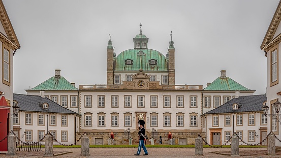 Fredensborg, Denmark – May 18, 2019: A front view of the Frederiksborg Castle, Hillerod, Denmark