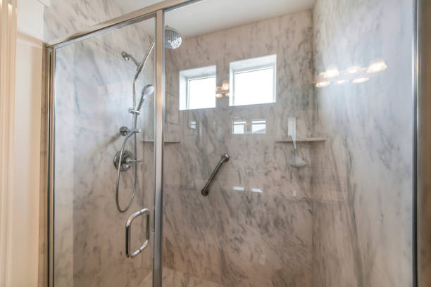istock Shower tub in a bathroom with tile walls 1454779831