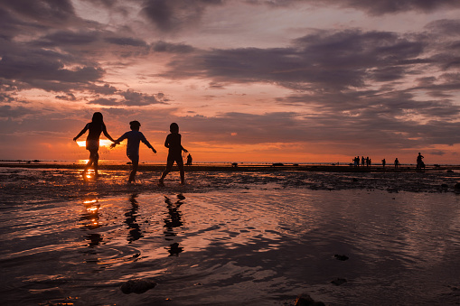 A silhouette of kids playing on the shore at a beautiful sunset