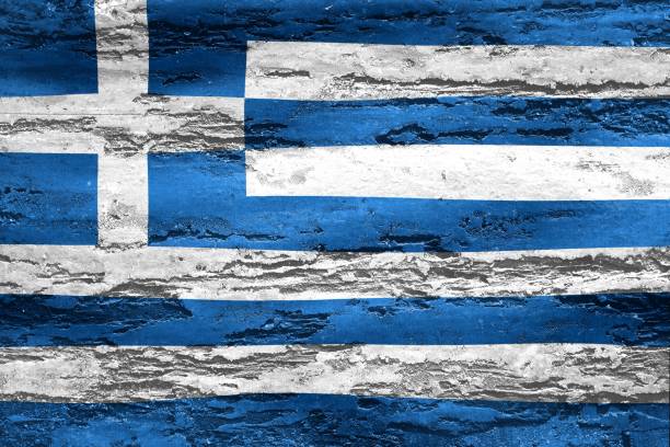 istock Greece flag printed on a textured chipping wood background 1454782934