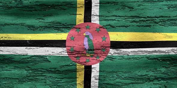A national flag of Dominica on the grunge wall background