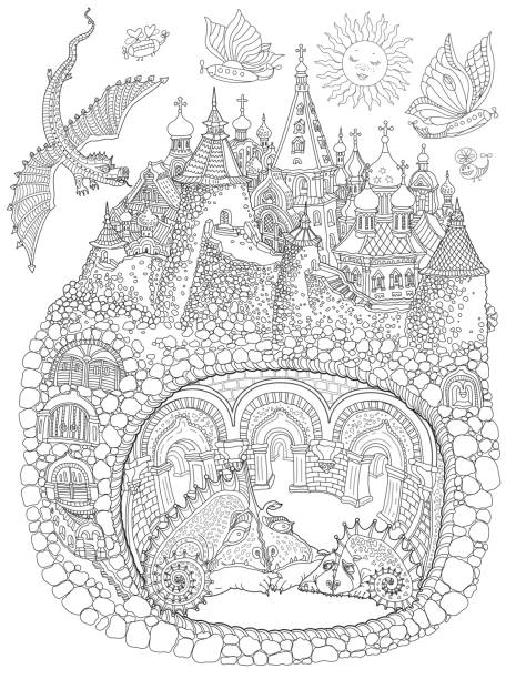 illustrations, cliparts, dessins animés et icônes de conte de fées souterrain dragon appartement troglodyte dans la vieille ville médiévale. page du livre de coloriage adultes en noir et blanc - picture book fairy tale castle dragon