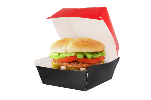 Meat burger inside blank red and black craft burger box isolated on white background