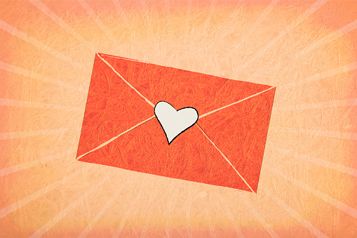 A vibrant orange coloured solid 3 D envelope with a white heart over pale peach coloured grunge sunburst background with a pattern of light rays or sunbeam and empty or blank space all around. Apt for love, valentine's day, Anniversary Greeting cards, backdrops, banners or posters with copy space for text.