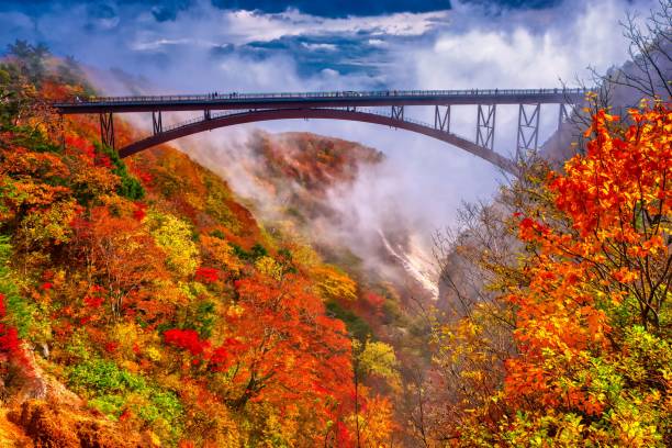 hermosa vista del puente fudosawa en otoño en fukushima, japón. - región de tohoku fotografías e imágenes de stock