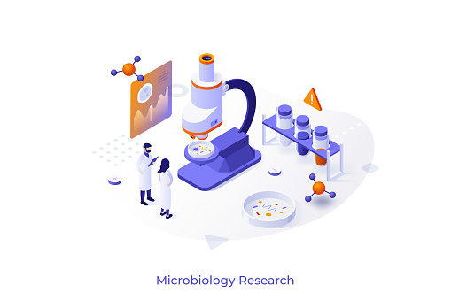 Concept with scientists, test tubes, microscope and Petri dish. Bacteriological analysis, microbiological or microscopy research lab. Modern isometric design template. Vector illustration.