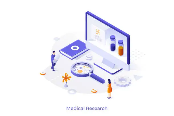 Vector illustration of Concept with giant computer display and tiny people with pills. Medicine, medical analysis and research. Isometric design template. Modern vector illustration for online diagnostics service.