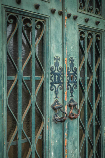 istock Old green entrance door 1454799056