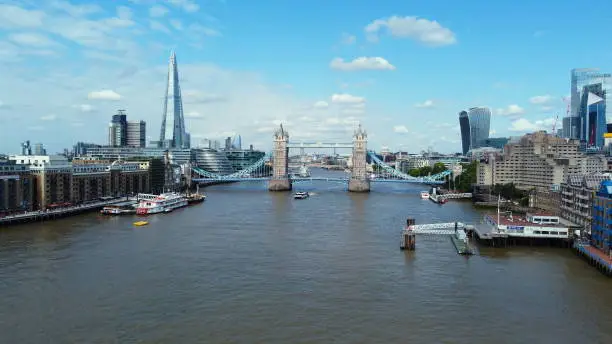 Photo of Tower bridge city of London summer Drone, Aerial, view from air, birds eye view,