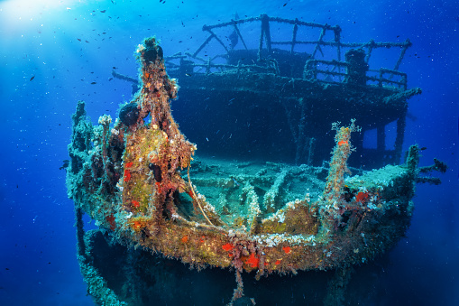 The sunken shipwreck Marianna at the island of Naxos, Cyclades, Greece