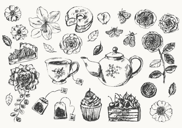 ilustraciones, imágenes clip art, dibujos animados e iconos de stock de set de fiesta de té dibujado a mano con taza de té, tetera, pasteles, flores de verano - flower cherry cup tea