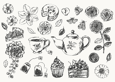 Hand drawn tea party set with tea cup, teapot, cakes, summer flowers, rose, anemone, moths.