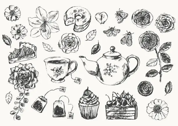 Vector illustration of Hand drawn tea party set with tea cup, teapot, cakes, summer flowers
