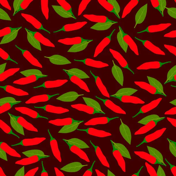 Vector illustration of Seamless pattern with Tabasco Peppers. Hot peppers. Pepper with leaf. Capsicum annuum. Chili pepper. Fresh, organic, raw, vegan vegetables. Flat style. Vector illustration isolated on red background.