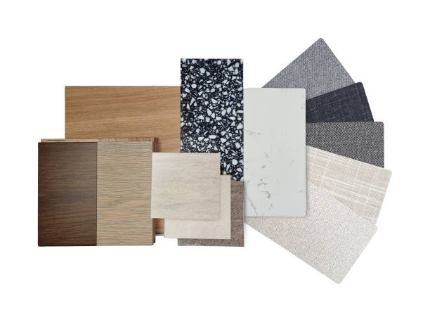 istock interior material samples contains wooden engineering and vinyl flooring tiles, terrazzo stone, white marble, stone tiles, fabric laminate palette isolated on white background with clipping path. 1454803942