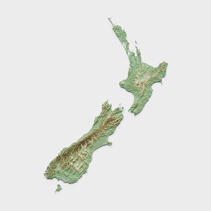 3D render of a topographic map of New Zealand. All source data is in the public domain. SRTM data courtesy of the U.S. Geological Survey.