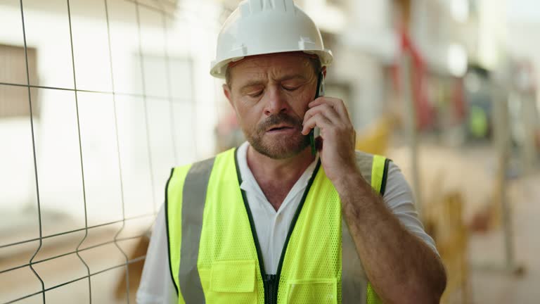 Middle age man architect talking on smartphone with worried expression at street