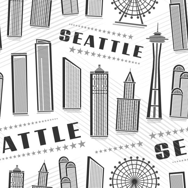 Vector Seattle Seamless Pattern Vector Seattle Seamless Pattern, square repeat background with illustration of famous seattle city scape on white background for wrapping paper, monochrome line art urban poster with dark text seattle washington state line art stock illustrations