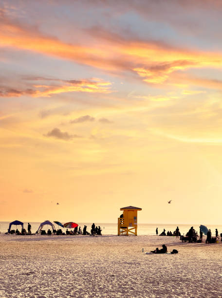 istock Silhouetted people on sandy beach having fun during sunset 1454807237
