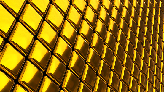 Golden technology background, 3d gold metallic cubes pattern, modern shiny metal backdrop useful for wallpaper, render illustration.
