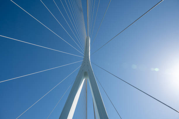Millau, France: Detailed perspective of Millau Viaduct in France, showcasing its modern cable-stayed design and massive pillars.