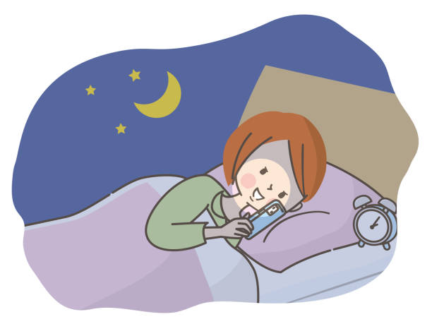 밤에 침대에서 스마트폰을 보고 있는 여성의 그림 - lying down illustrations stock illustrations