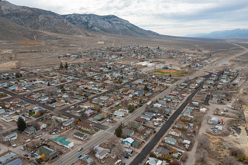 McGill, United States – November 02, 2021: An aerial perspective of the former mining community of McGill in Nevada's White Pine County.