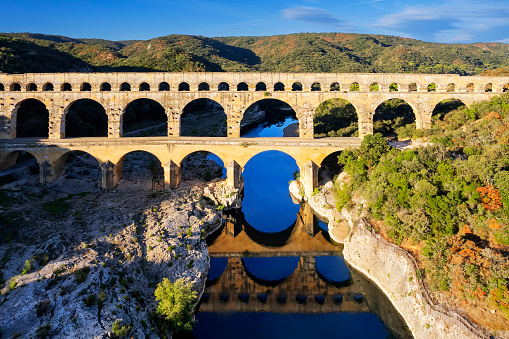 Aerial view of famous Pont du Gard, old roman aqueduct in France, Europe